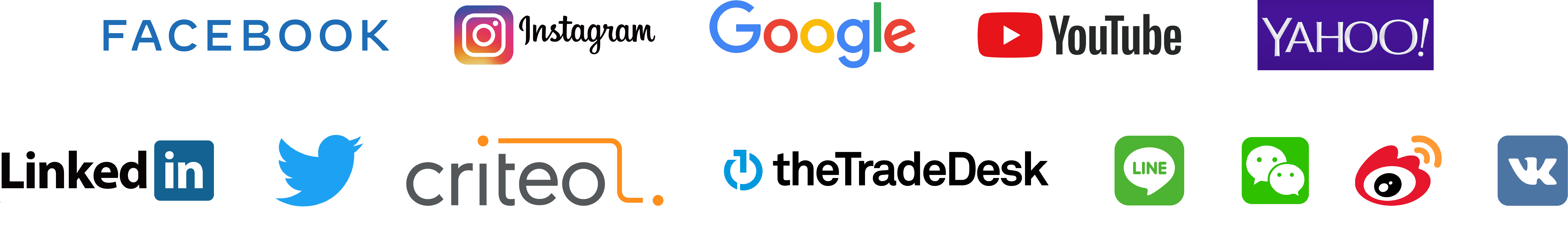 Facebook, Instagram, Google, YouTube, Yahoo, LinkedIn, Twitter, theTradeDesk, LINE, WeChat, Webo, VK